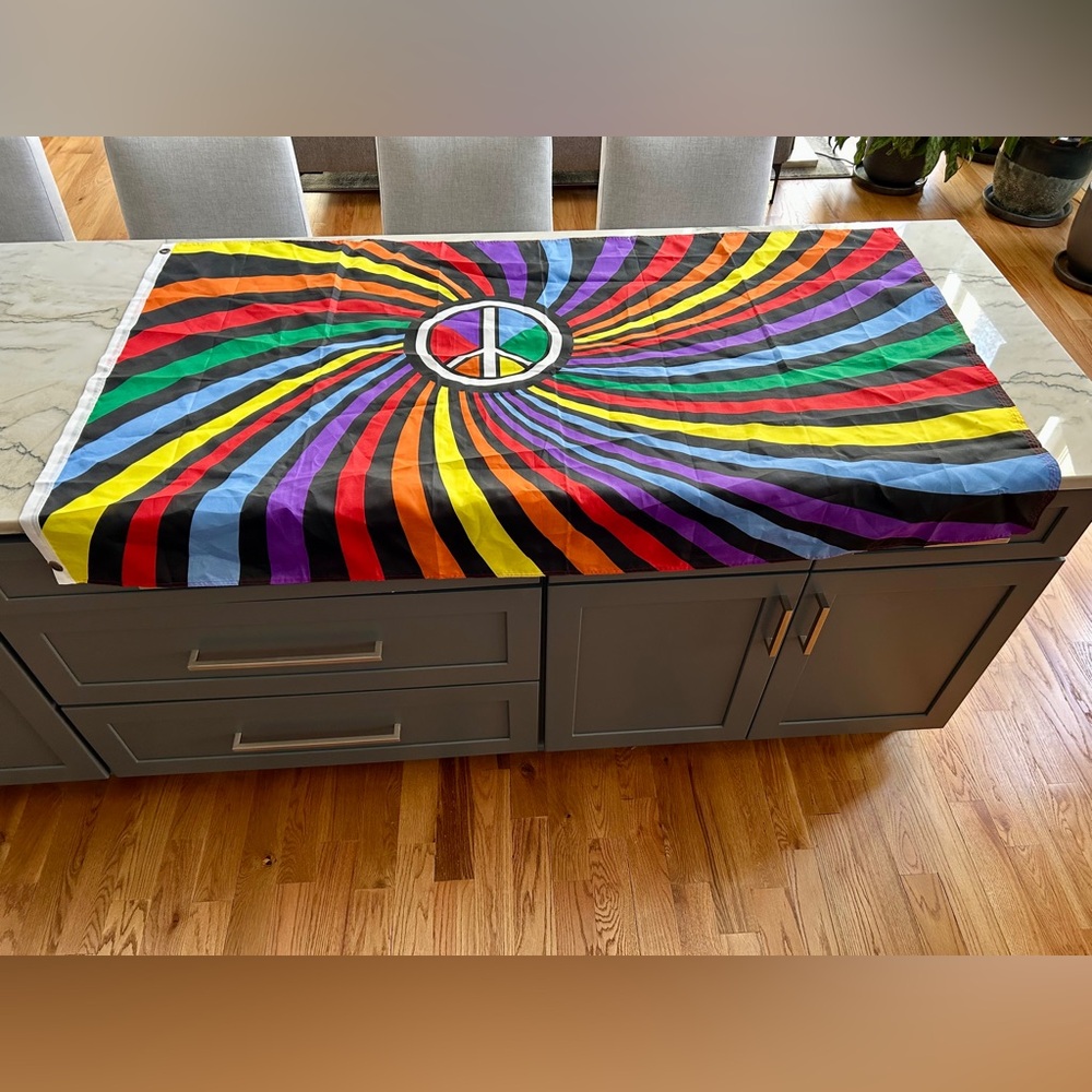 Rainbow peace sign Flag, 37” x 62”, swirl design